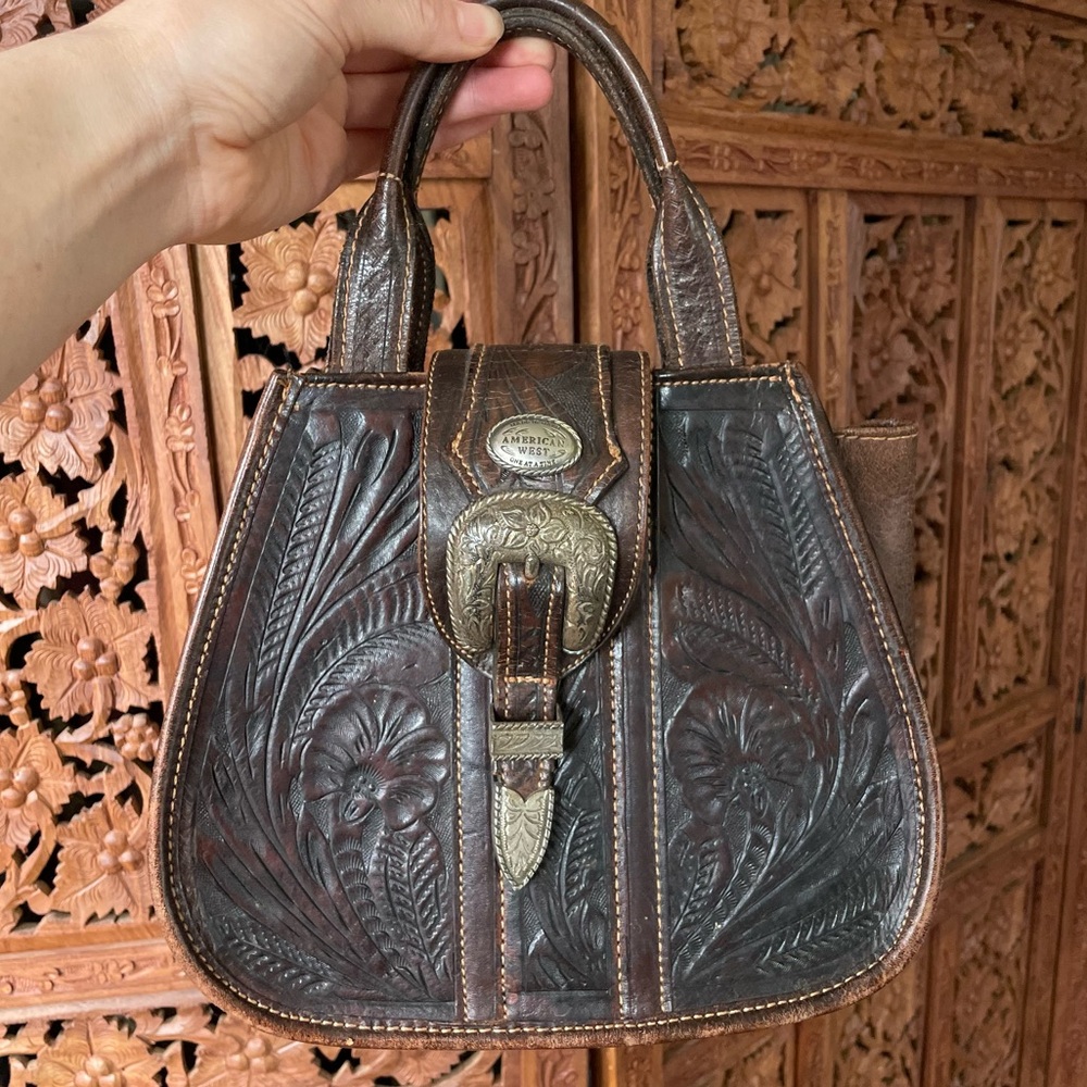 Vintage American West Western Tooled Leather Floral Satchel Tote Handbag Dark - Picture 2 of 10